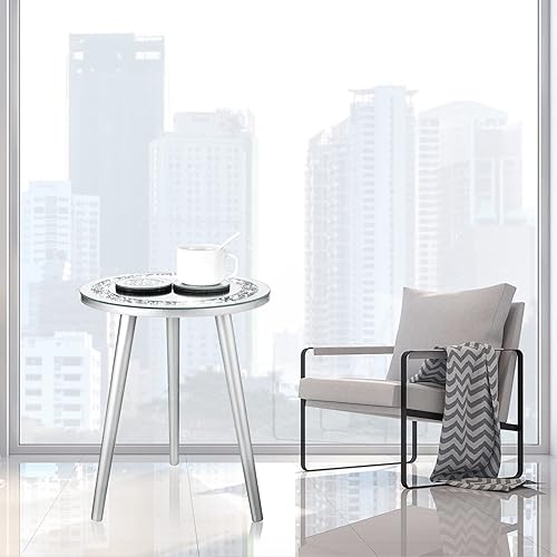Miniatura 2 de Weysat Mesa auxiliar con espejo de 3 piezas con posavasos de cristal, mesa decorativa moderna plateada con espejo brillante, posavasos de cristal