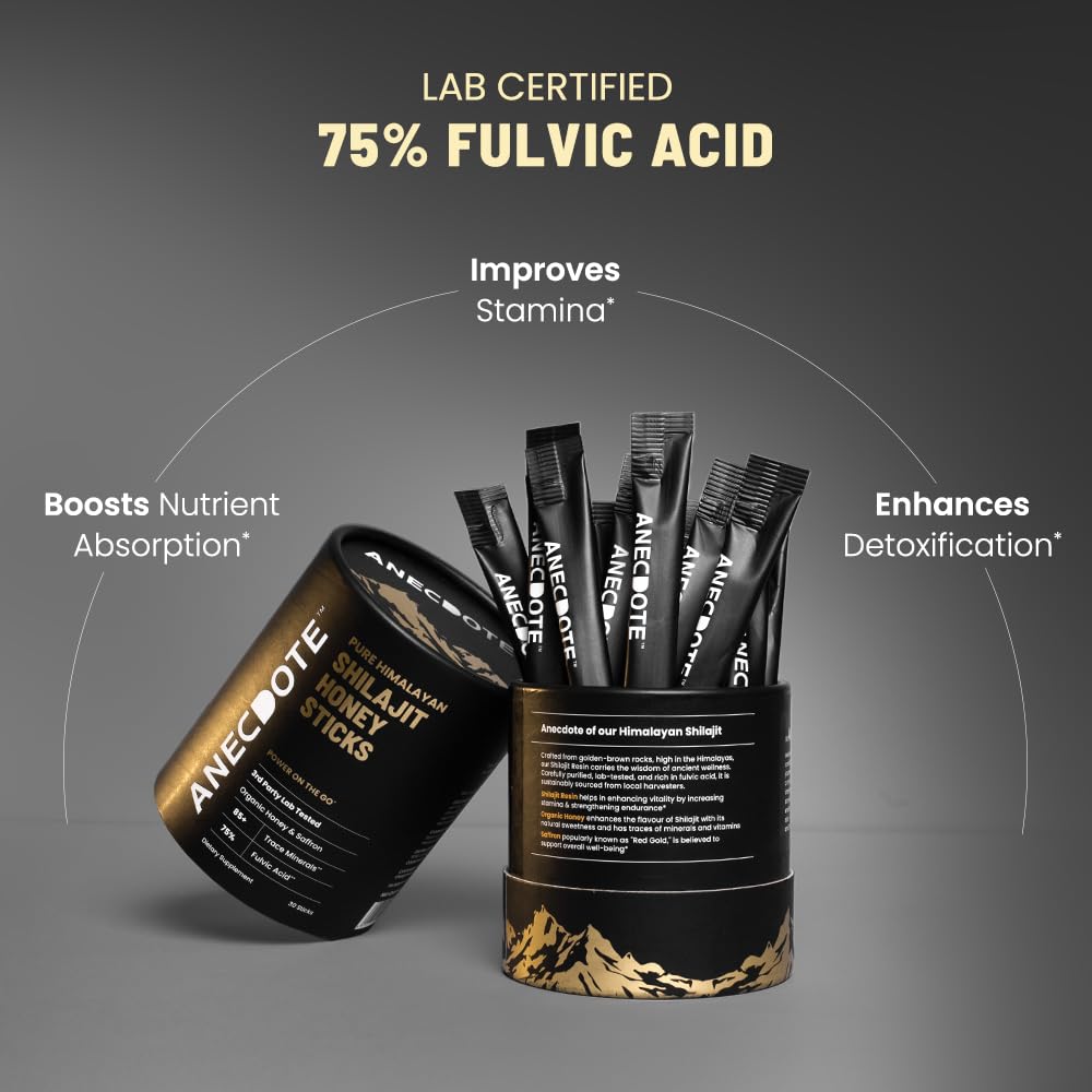 Anecdote Bastoncini di miele shilajit himalayano puro con miele e zafferano biologici | Aumenta la resistenza | Supporta l'immunità | 75% di acido fulvico, 85+ minerali traccia | Senza zucchero