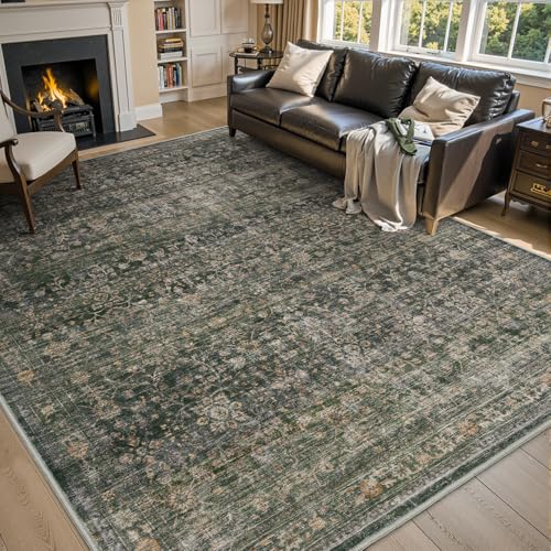 MontVoo Soft Area Rug 8x10 Green Vintage Distressed Printed Living Room Rug Non-Slip Carpet Bedroom Decor Machine Washable Rug for Bedrooms Dining Room Home Decor