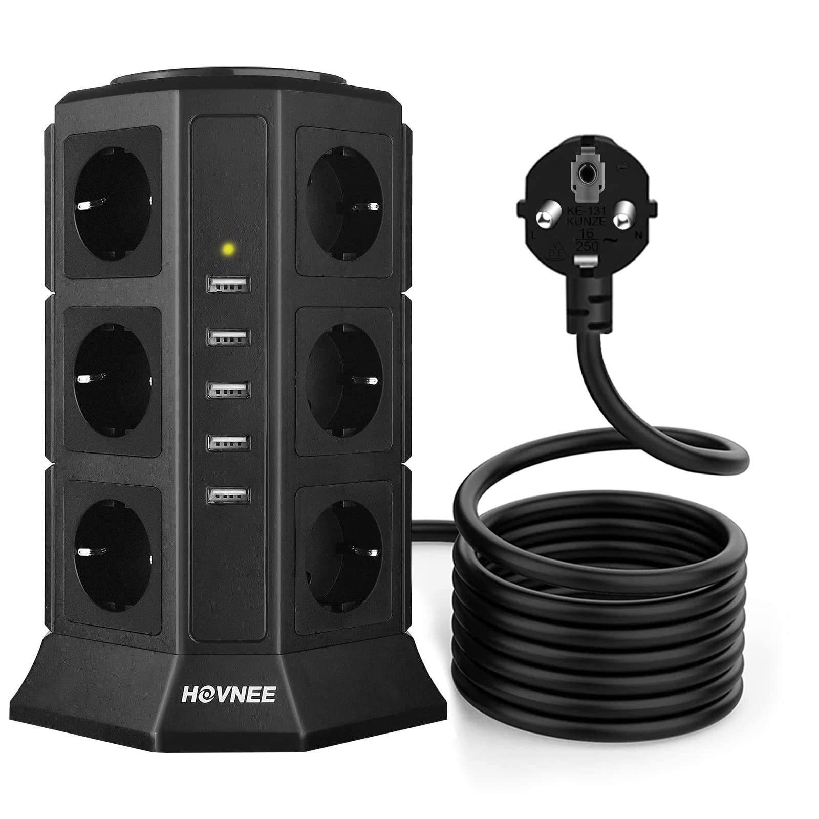HOVNEE Regleta Vertical Enchufes de 12 Tomas Corrientes y 5 Rápida USB Tomas, Alargadora Cable de 2m con Protección y Interruptor, Base Múltiple, Tapón de Seguridad, 2500W/10A (17-EN-1)