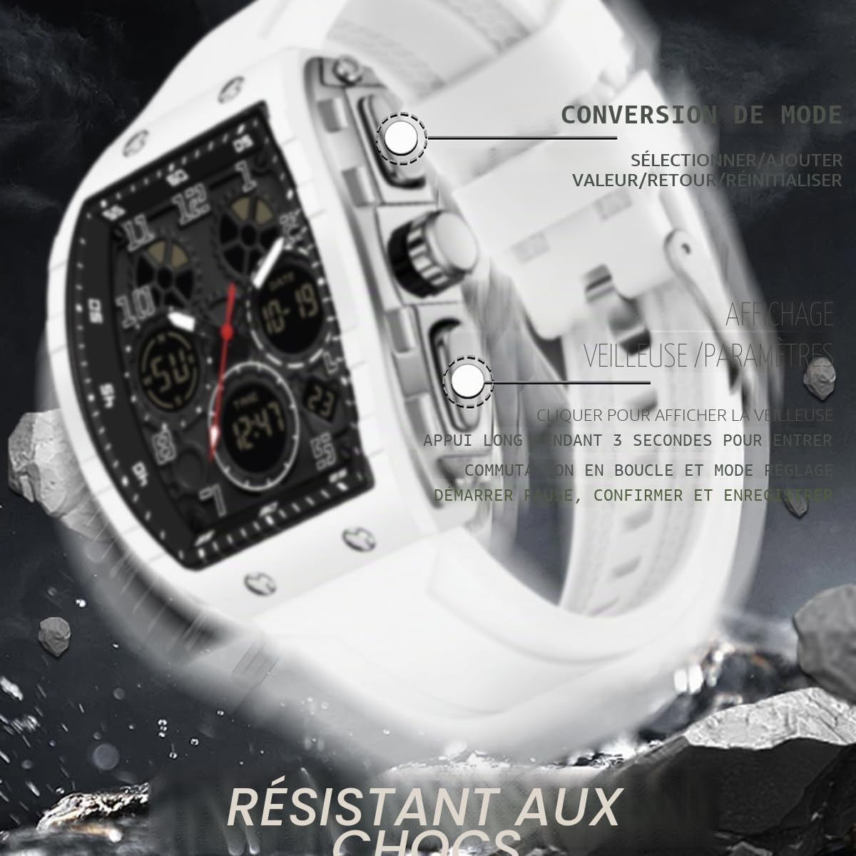 Montre analogique numérique pour homme - Étanche - Style militaire - Style décontracté - Quartz - Avec chronomètre LED - Compte à rebours - Alarme - Écran incurvé - Relojes para Hombres