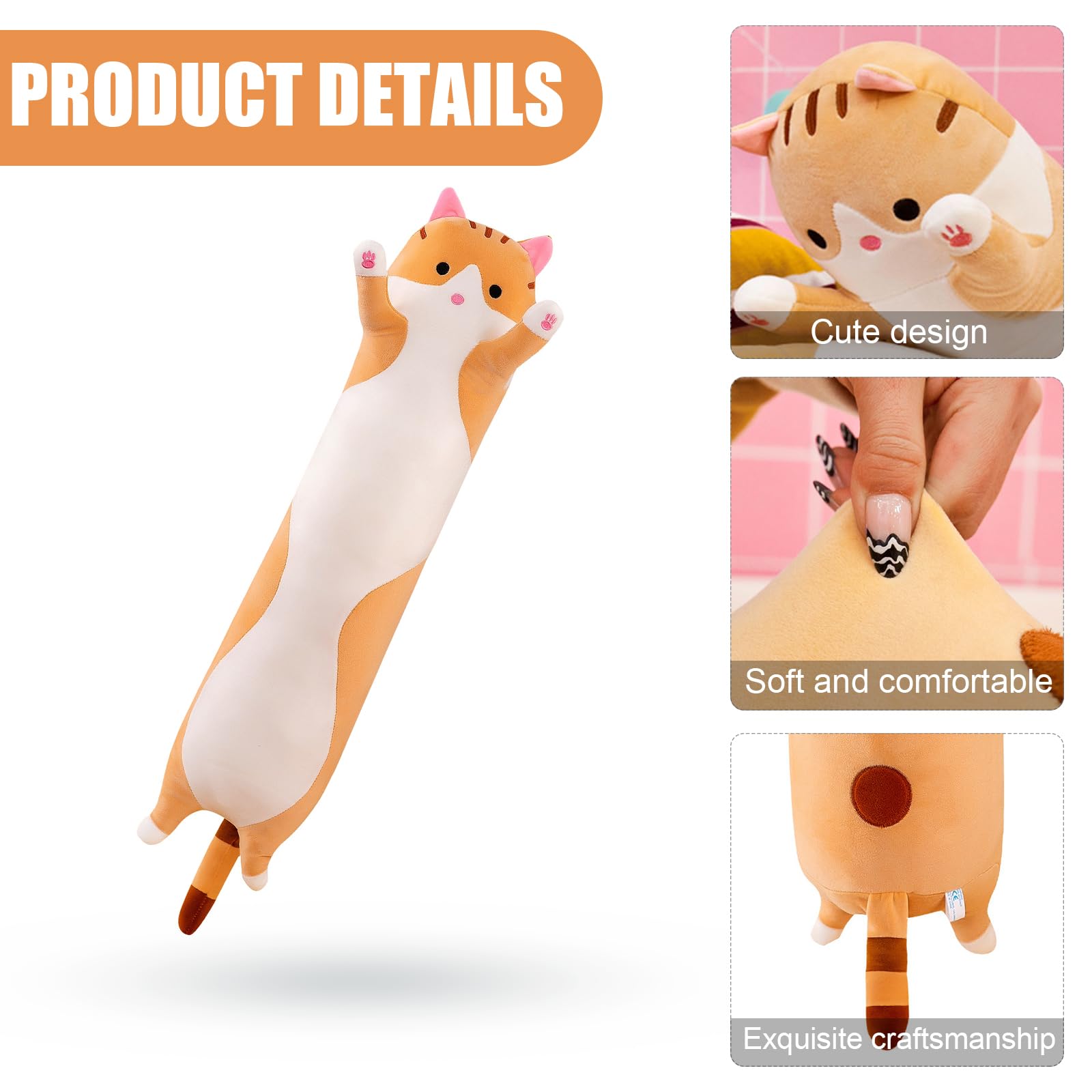 PORUPAEL Long Cat Plush Sleeping Pillow 20''/50cm, Long Cat Plush Body Pillow Cute Kitty Sleeping Throw Pilow for Boys and Girls - Image 3