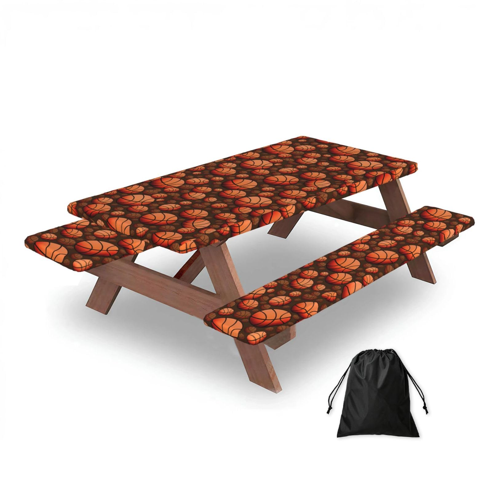 Basketball, Picnic Table Cover With Bench Covers -Waterproof Elastic Fitted Tablecloth for Garden Camping Patio 76x152cm