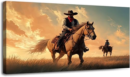 30"x 60" Canvas Wall Art Western Cowboy Gold Vintage Horse Southwestern Desert Framed Pictures Painting Prints Large Wall Art for Living Room