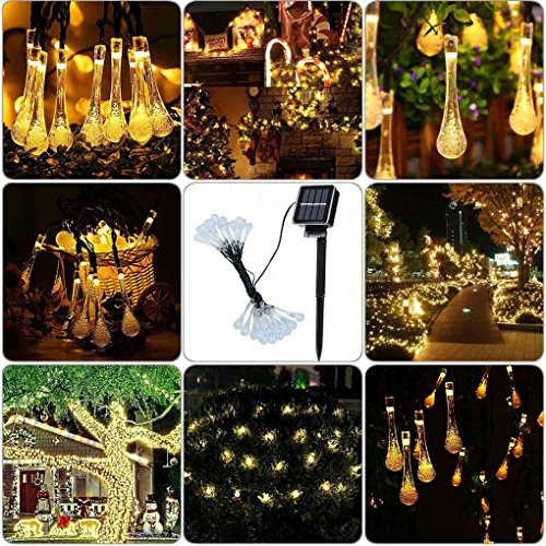 Waterproof Outdoor Solar Powered Led 20Ft String Lights 30 Water Drop Shape Bulbs Hanging Rope Decorative Light For Patio, Christmas, Tree Decoration, Yard, Garden Home, Wedding, Valentine Gift #TOP3