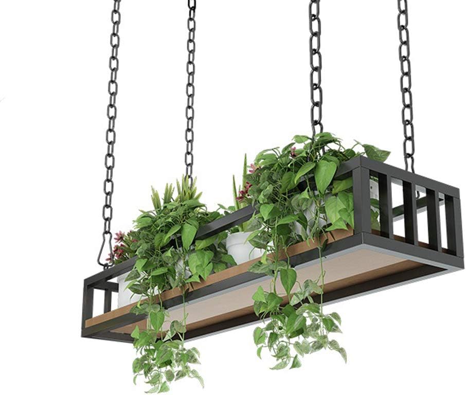 Ceiling Flower Pot Rack Storage, Hanging Flower Stand, Creative Plant Railing Shelf with Solid Wood Board and Iron Frame, for Bar Flower Shop Balcony