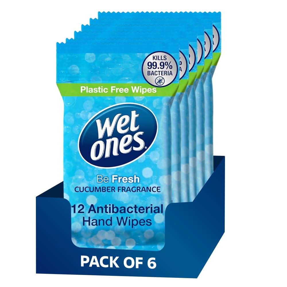 6 Pack Wet Ones Antibacterial Hand Wipes – 72 Wipes, Plastic Free, Cucumber Fragrance, Travel Size Hand Cleaning Wipes for Home, Office, School Car Travel Everyday Fresh Cleaning & On the Go Use