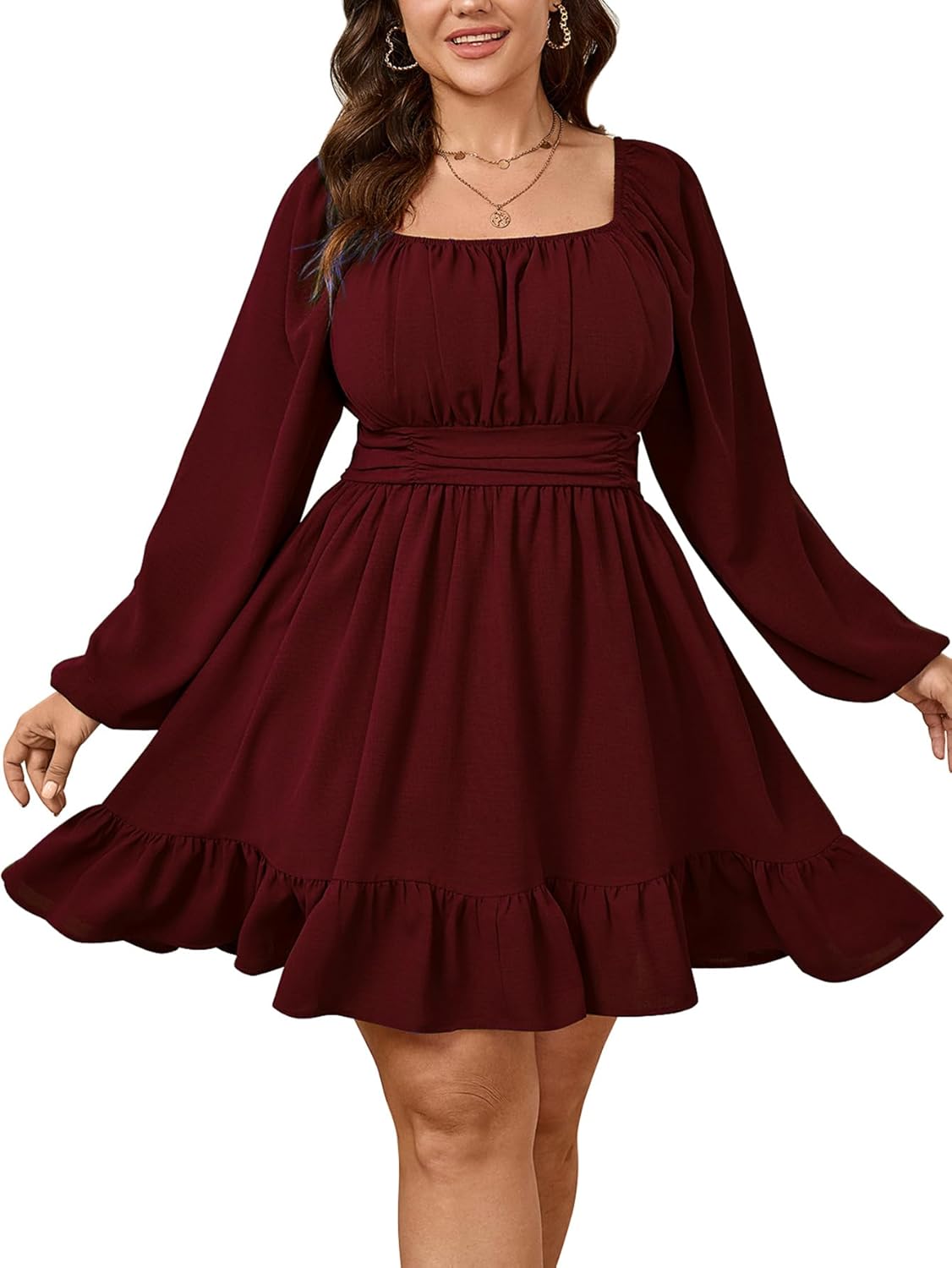 Womens Plus Size Dress Long Lantern Sleeve Square Neck Elastic Waist A-Line Mini Short Dress