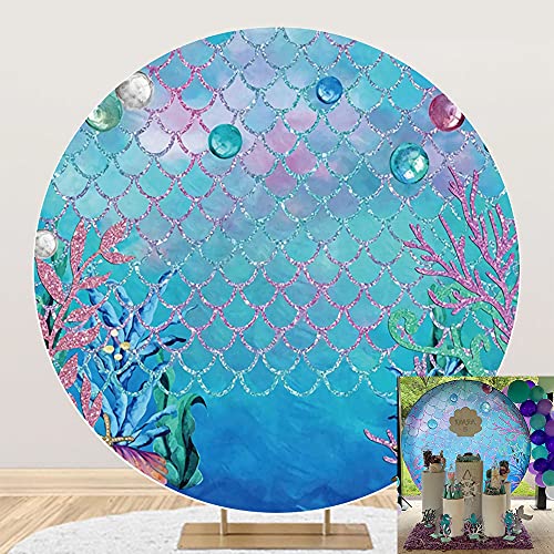 Leowefowa Underwater Mermaid Themed Round Backdrop 7x7ft Under The Sea Glittering Mermaid Scales Corals Baby Girl 1st Birthday Background for Photo Girl Baby Shower Party Banner Supplies Polyester