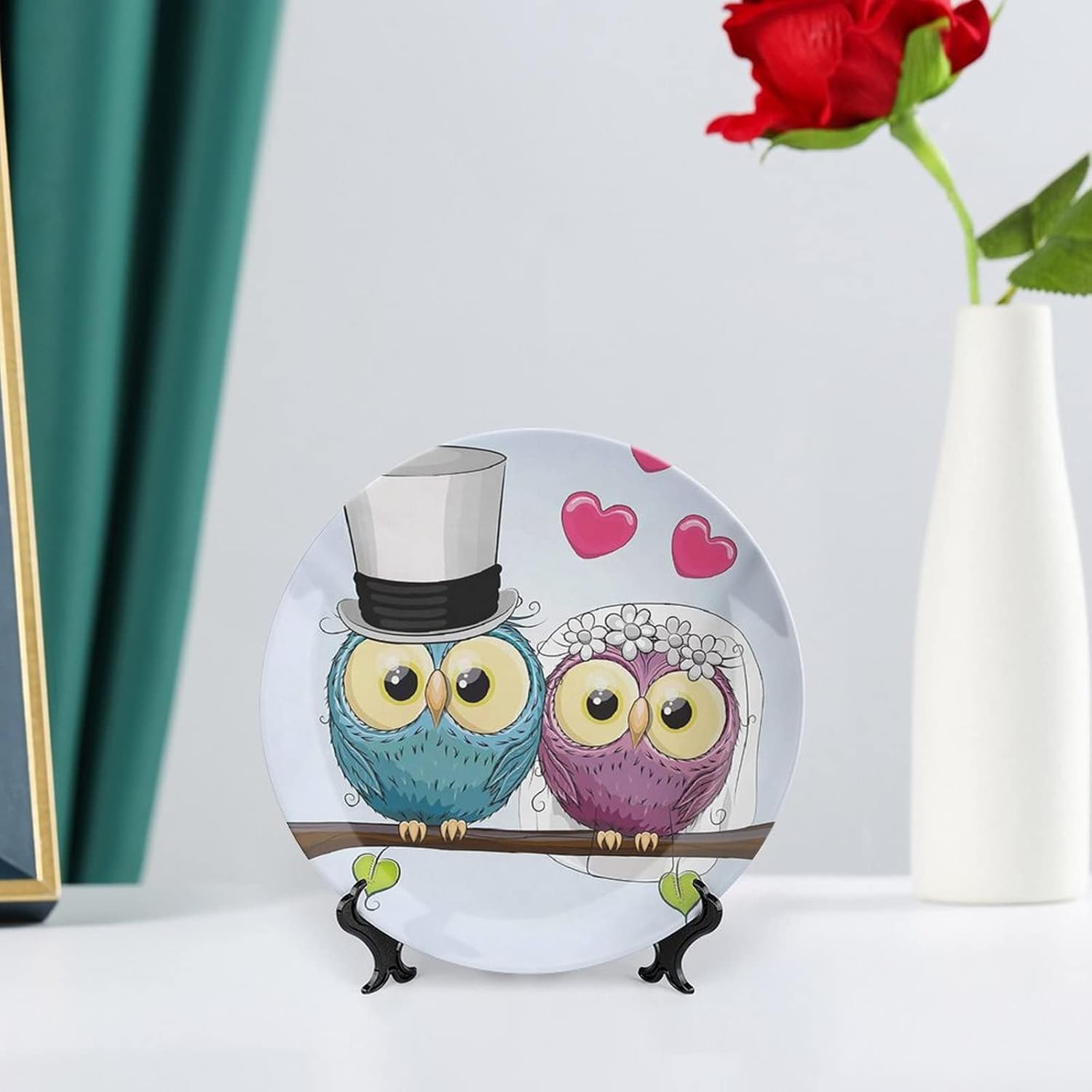 6 Inch Decorative Plate, Wedding Round Porcelain, Cartoon Style Cute Funny Owls Husband Wife Bride and Groom Print Ceramic Wall Hanging for Home Office Party Dinner Table Decor, Purple Blue Pink