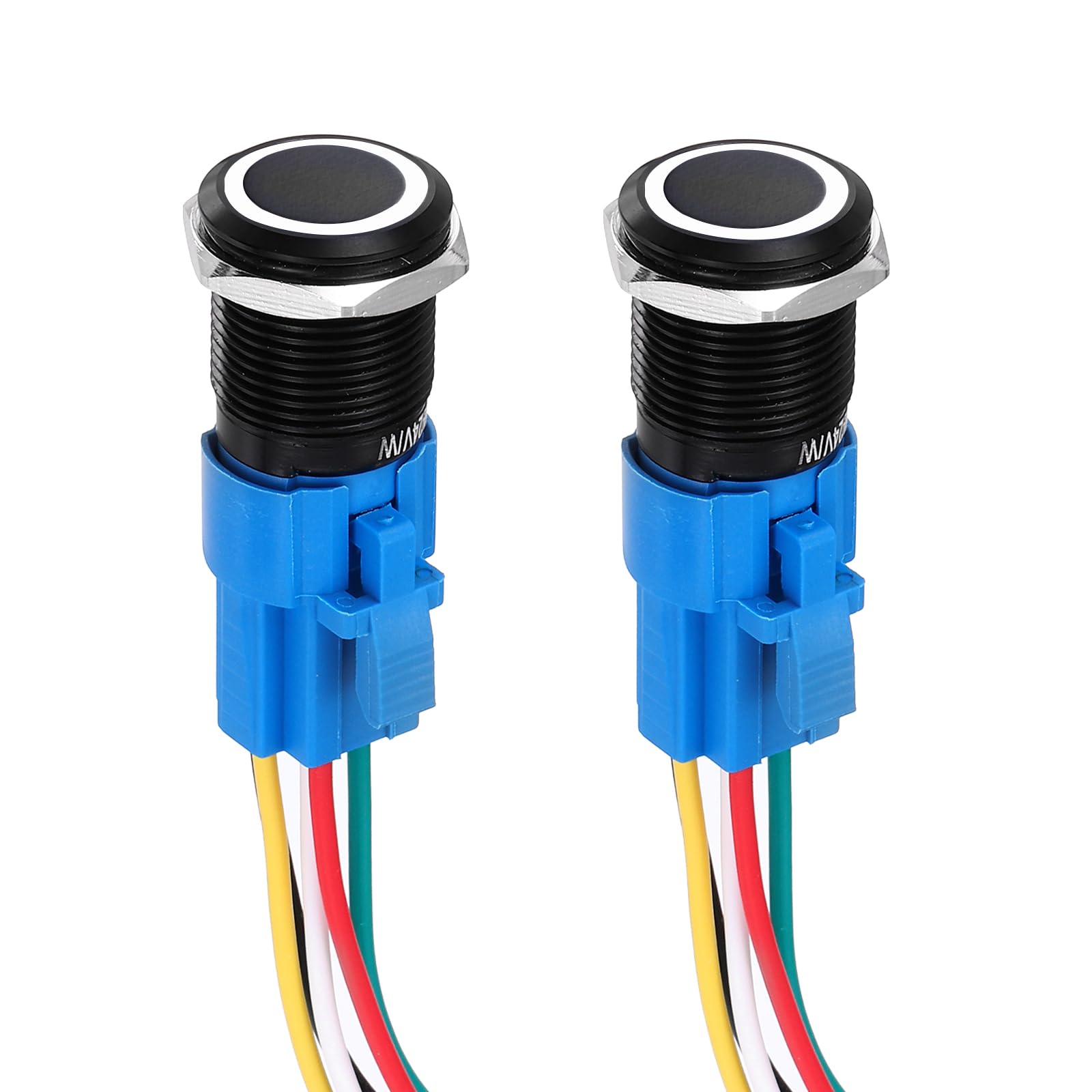 DMiotech 2 Pcs 5/8" Aluminium Alloy Momentary Push Button Switch 5Pin 1NO1NC 3A 12-24V Black Flat Button White Ring Lamp with Socket Plug with Wire for Car Boat Systems