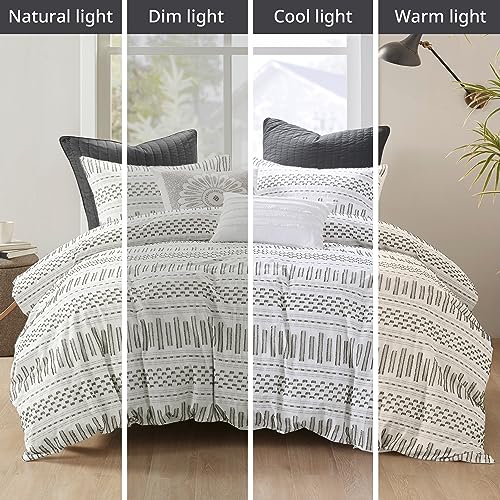 Image of INK+IVY Luxurious Cotton-Bedding Set - Mid Century Trendy Geometric Design, All Season Cozy-Cover With Matching-Shams, Full /Queen, Rhea Jacquard Ivory /Charcoal
