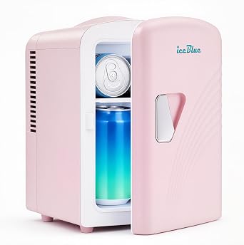 Iceblue Mini Fridge, 4 Liter /6 Cans Makeup Fridge with Retro Wavy Pink