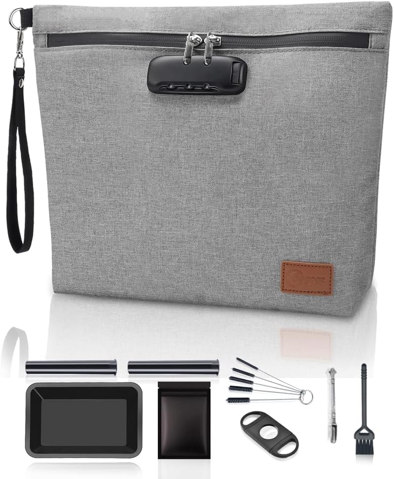 Egooz Smell Proof Stash Bags with 7 Small Accessories, Large Smell Proof Pouch with Combination Lock, Portable Smell Proof Stash Box Case for Home and Travel, Grey