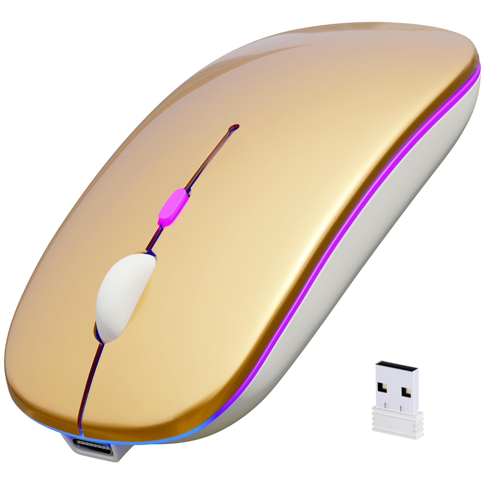 SaikoMausu(サイコマウス) ワイヤレスマウス マウス Bluetooth 2.4GHz 無線 静音 薄型 マウス Type-C 充電式 省エネルギー 3DPIモード 7色ライト付き パソコン PC ipad Mac/Windows/surface/Microsoft Proに対応 Gold