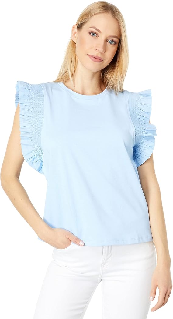 English Factory Women's Poplin Knit Mixed Ruffle Detail Top