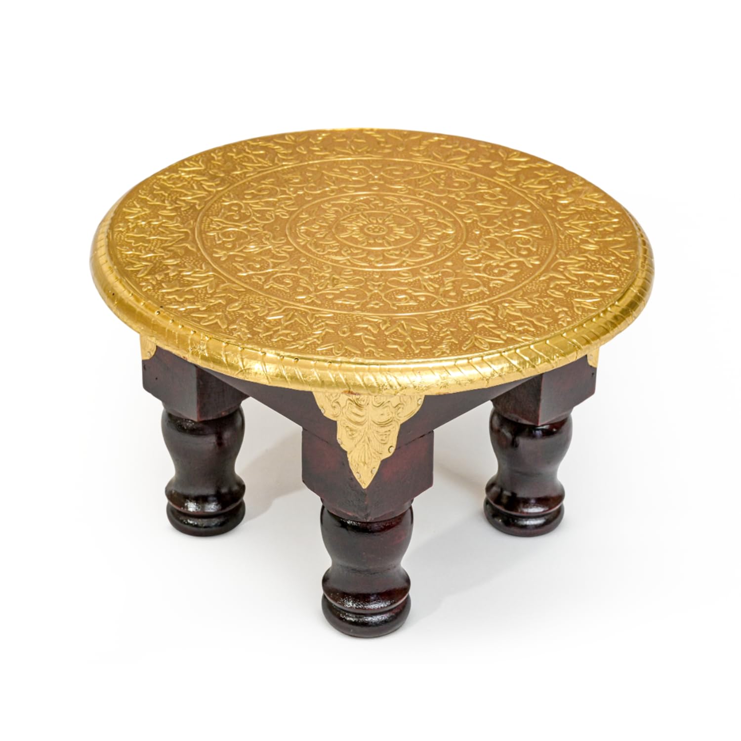 Handcrafted Round Wooden Pooja Bajot, Brass-Plated Traditional Design, Multi-Purpose Decorative Stool, Dark Wood with Gold Pattern Rituals & Festive Decor Home (10-inch)-image-15