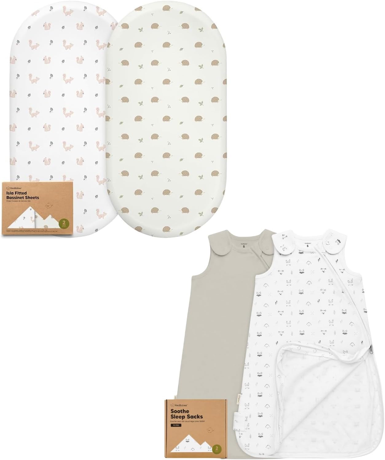 Keababies 2-Pack Bassinet Sheets for Girls, Boys and 2-Pack Sleep Sacks, 100% Cotton - Bassinet Mattress Sheets - Wearable Blanket Baby Sleeping Sack, Toddler Swaddle Sack