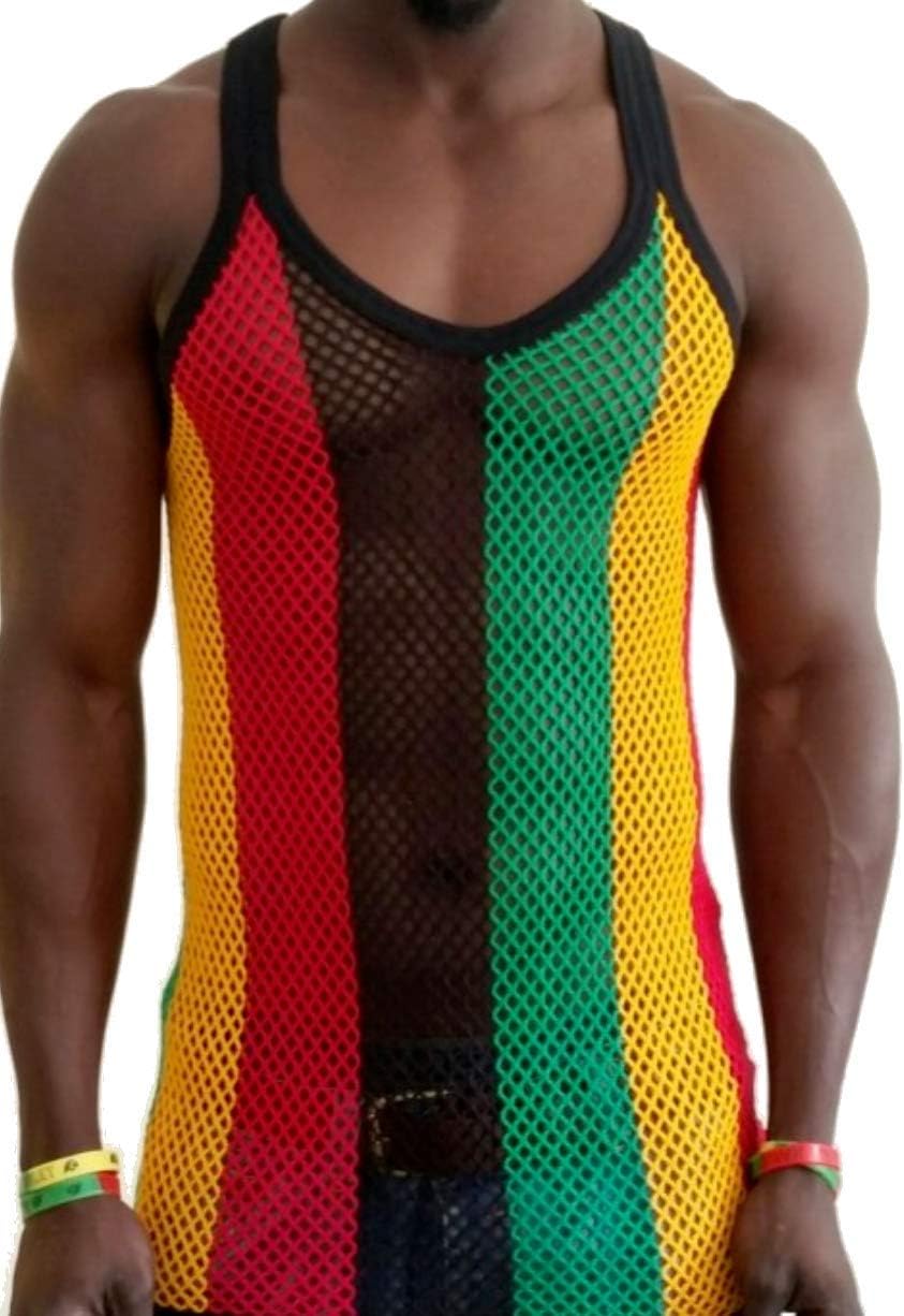 Rasta Mesh Marina String Vest – Fitted Striped Sleeveless See-Through Tank Top in Reggae Colors, Lightweight Breathable Summer Beach Marina Festival Party Wear