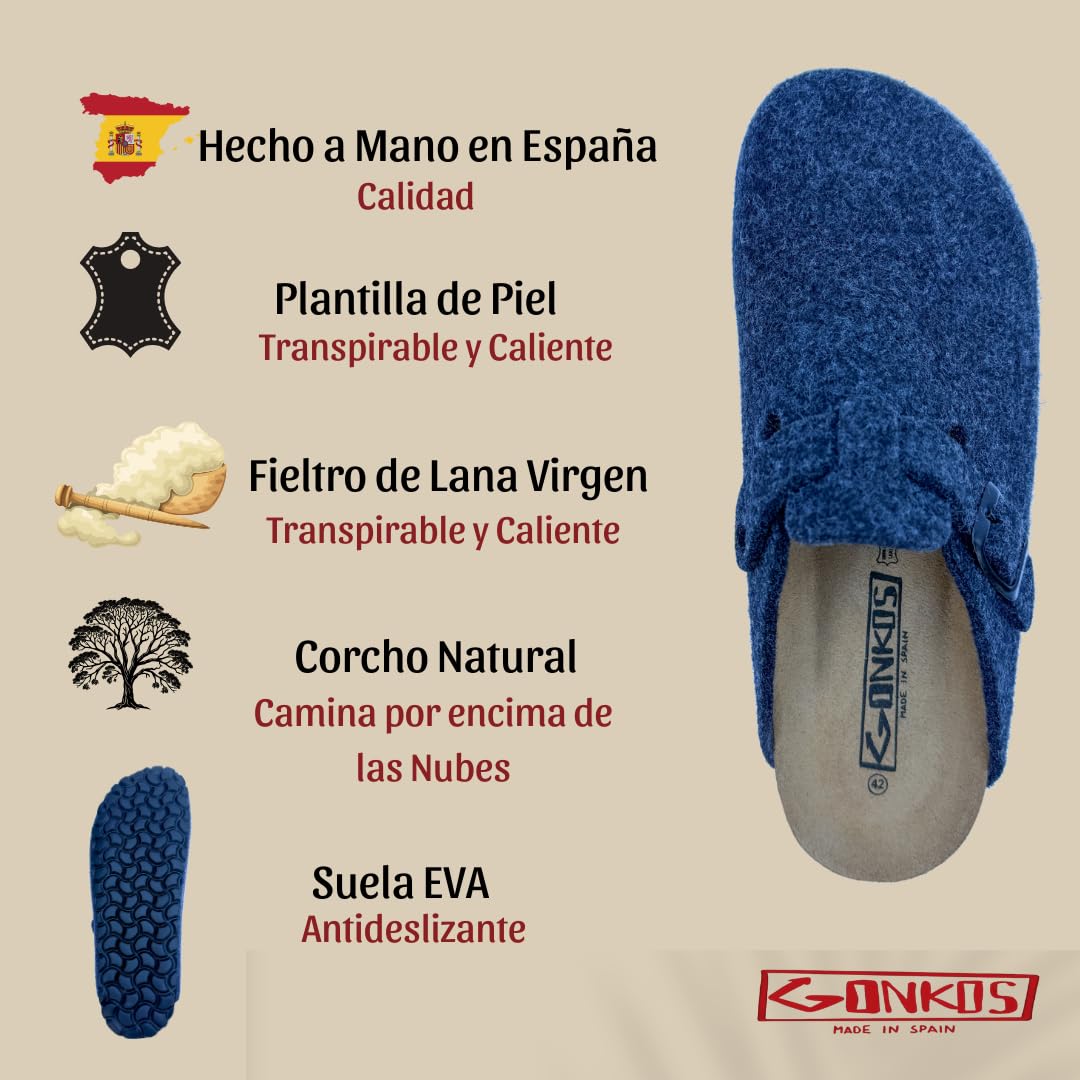 Zuecos de Lana Virgen, Plantilla Anatómica de Piel y Corcho Natural, Zuecos de Fieltro, Pantuflas Fieltro Hombre y Mujer, Zapatillas Casa Confortables de Calidad, Hechas a Mano en España