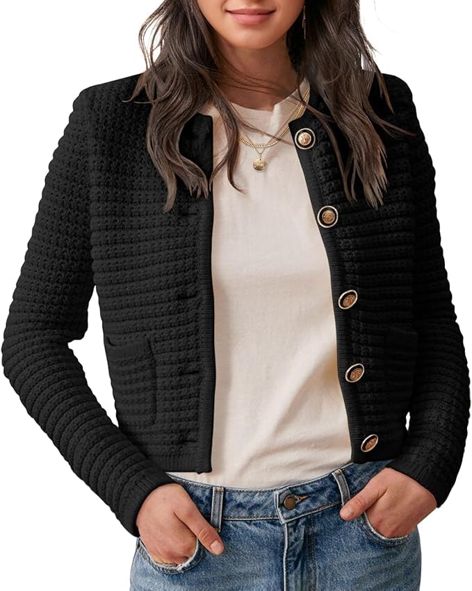 Saodimallsu Damen Kurz Strickjacke Langarm Cardigan Rundhalsausschnitt Knopfleiste Strickweste Vintage Trachtenjacke Elegante Oberteil mit Taschen Schwarz L