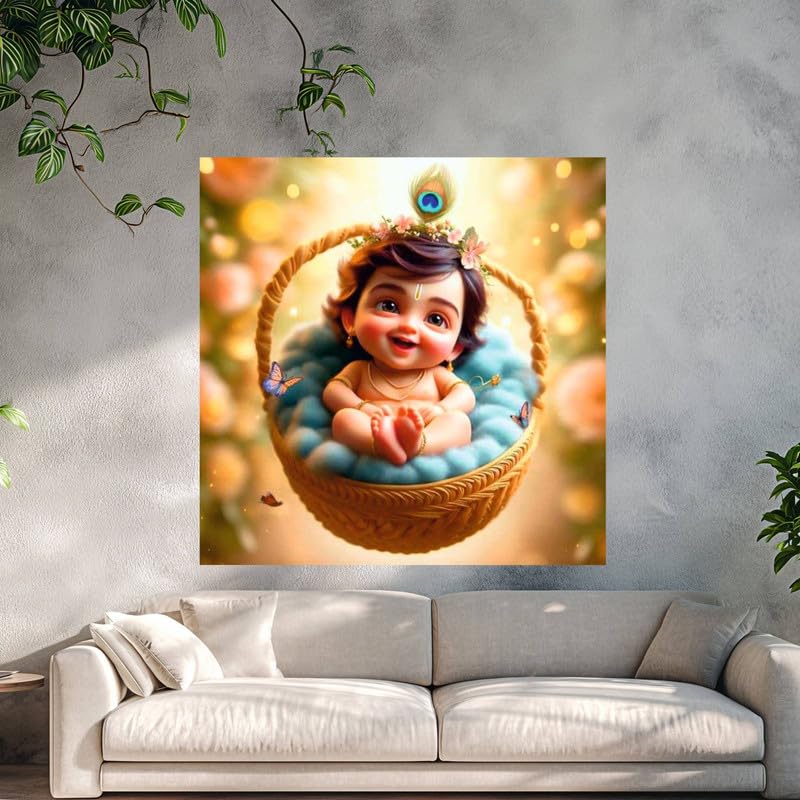Image of British Terminal Cute little Bal Gopal Baby God Krishna| Kanha Ji | Laddu Lord Makhan Chor Painting Religious Poster for Pregnant Women for wall (matt thin vinyl,sticker,multicolor,unframed)| bj114