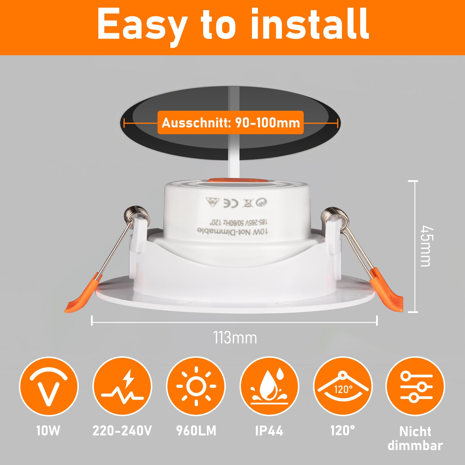 Spot LED Encastrable Orientable, 10W Trou Φ 90-100mm 3000K Warm White 400LM spots de Plafond, 30-60° Extra Plat Spot Salle de Bain IP44, Non Dimmable, Lot de 6