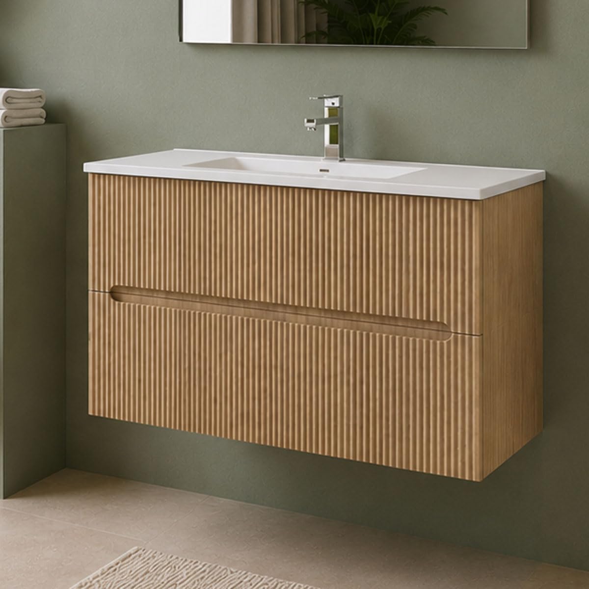 Yellowshop | Mobile Bagno Sospeso FLY 100 cm - 2 Cassetti con Lavabo Ceramica, Finitura Cannettata, Chiusura Soft-Close Rovere Tabacco (Mobile con lavabo)