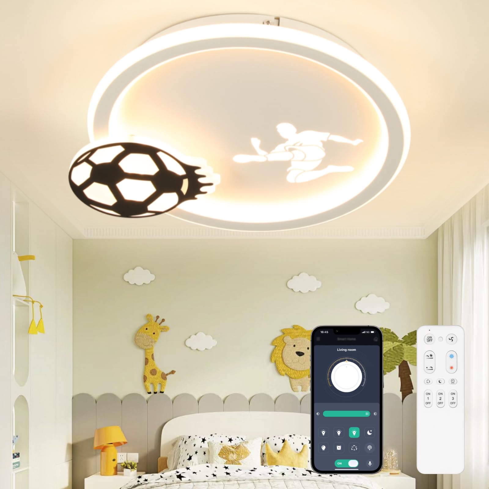 EASY EAGLE Lampadario Cameretta Bambina, 46CM Dimmerabile 3000k-6000k Plafoniera Led Soffitto Calcio, Lampade a Soffitto Cameretta Bambina Ragazzi per Camera da Letto, Soggiorno