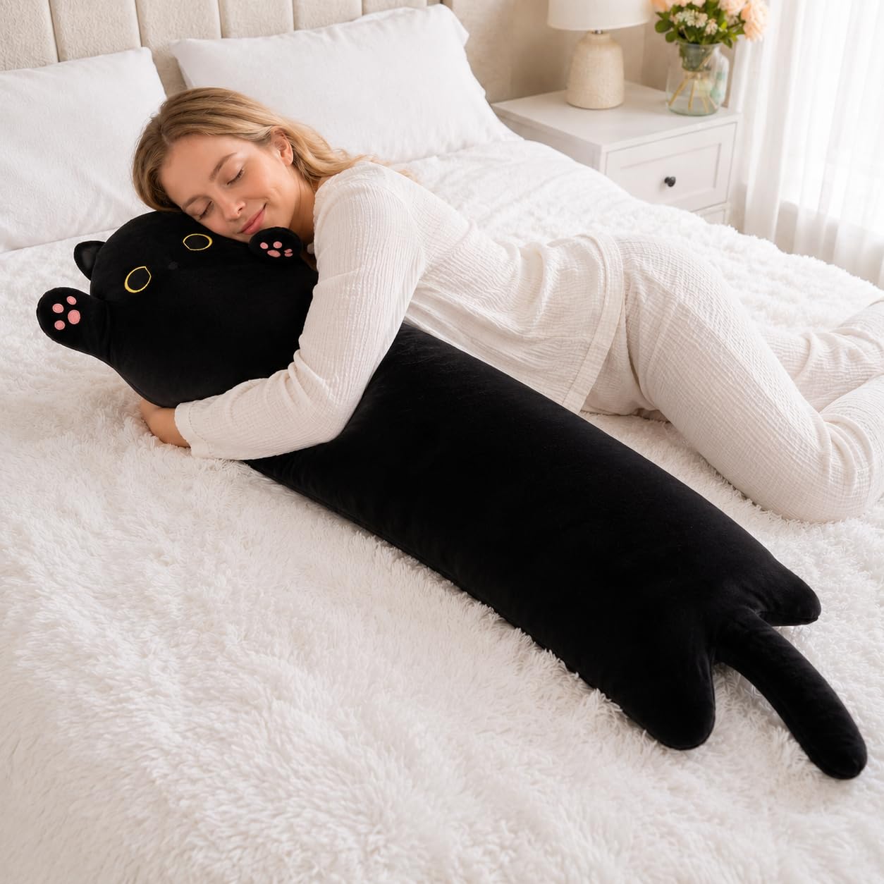 SNOWOLF Peluche Chat Noir 25 Cm – Jouet Doux, Anti-stress, Décoratif, Emballé Sous Vide, Certifié OEKO-TEX