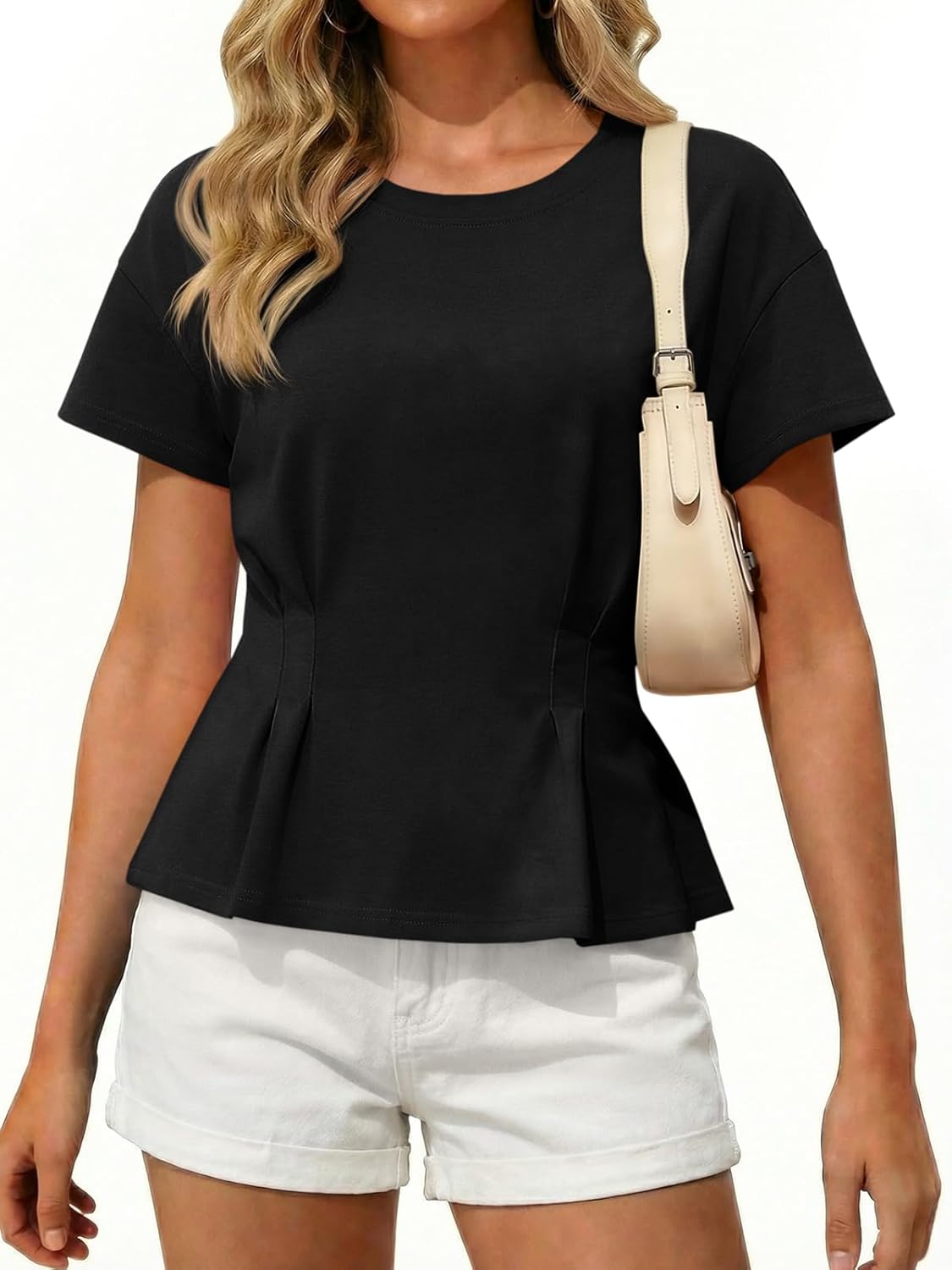 Tankaneo Womens Peplum Tops Babydoll Summer Short Sleeve Pleated T-Shirts Casual Loose Fit Flowy Workout Tshirts