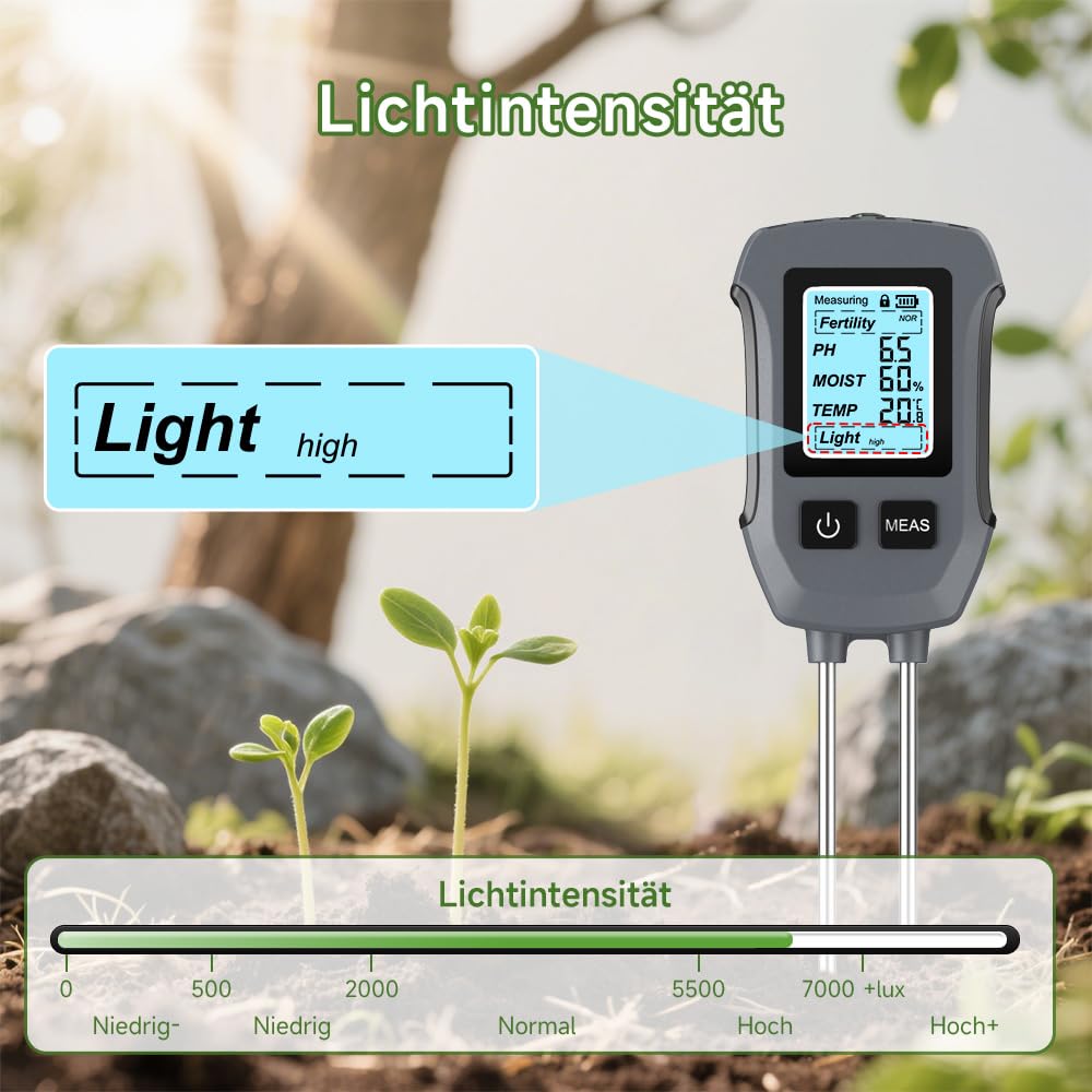Uzoli SGS13 Feuchtigkeitsmessgerät Pflanzen, 5 in 1 Bodenmessgerät für Fruchtbarkeit, PH Wert, Sonnenlichtintensität, Temperatur, Bodenfeuchte, Feuchtigkeitsmesser der Erde für Garten und Rasen
