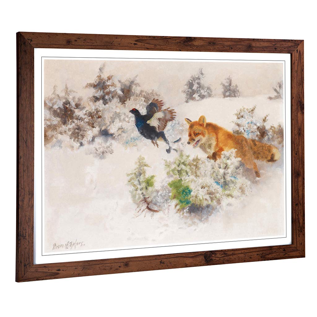 Big Box Art Framed Print of Bruno Liljefors Fox Chasing Bird Design | Wall Art Picture | Home Decor for Kitchen, Living Room, Bedroom, Hallway, Walnut, A2 / 24.5x18 Inch / 62x45cm