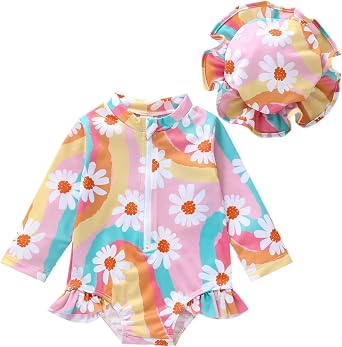 Toddler Infant Baby Girl Swimsuit Long Sleeve Rash Guard One-Piece Floral Zipper Bathing Suit Ruffled Beach Wear