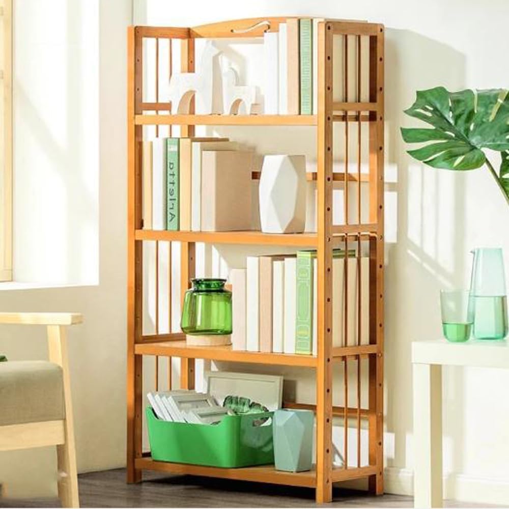 LINGWEI4-Tier Bamboo Standing Shelf: Modern Bookcase, Storage Rack, and Organizer for Living Room, Bathroom, Kitchen