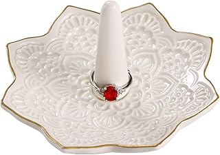 COMMGOAL Ceramic Mandala Ring Holder, Decorative Jewelry Dish, Trinket Tray Room Decor, Engagement Wedding Birthday Gifts for Women (white)