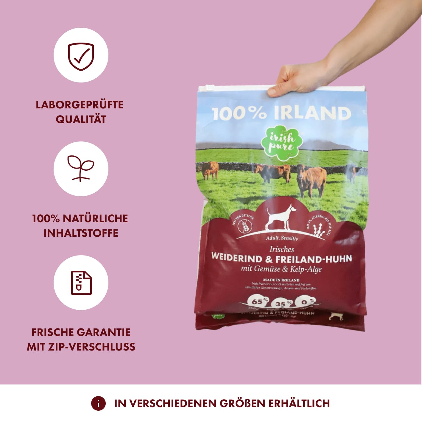 Irish Pure Trockenfutter Adult 12kg Weiderind & Freiland-Huhn mit Kelp-Alge Getreidefrei Sensitiv Hundetrockenfutter