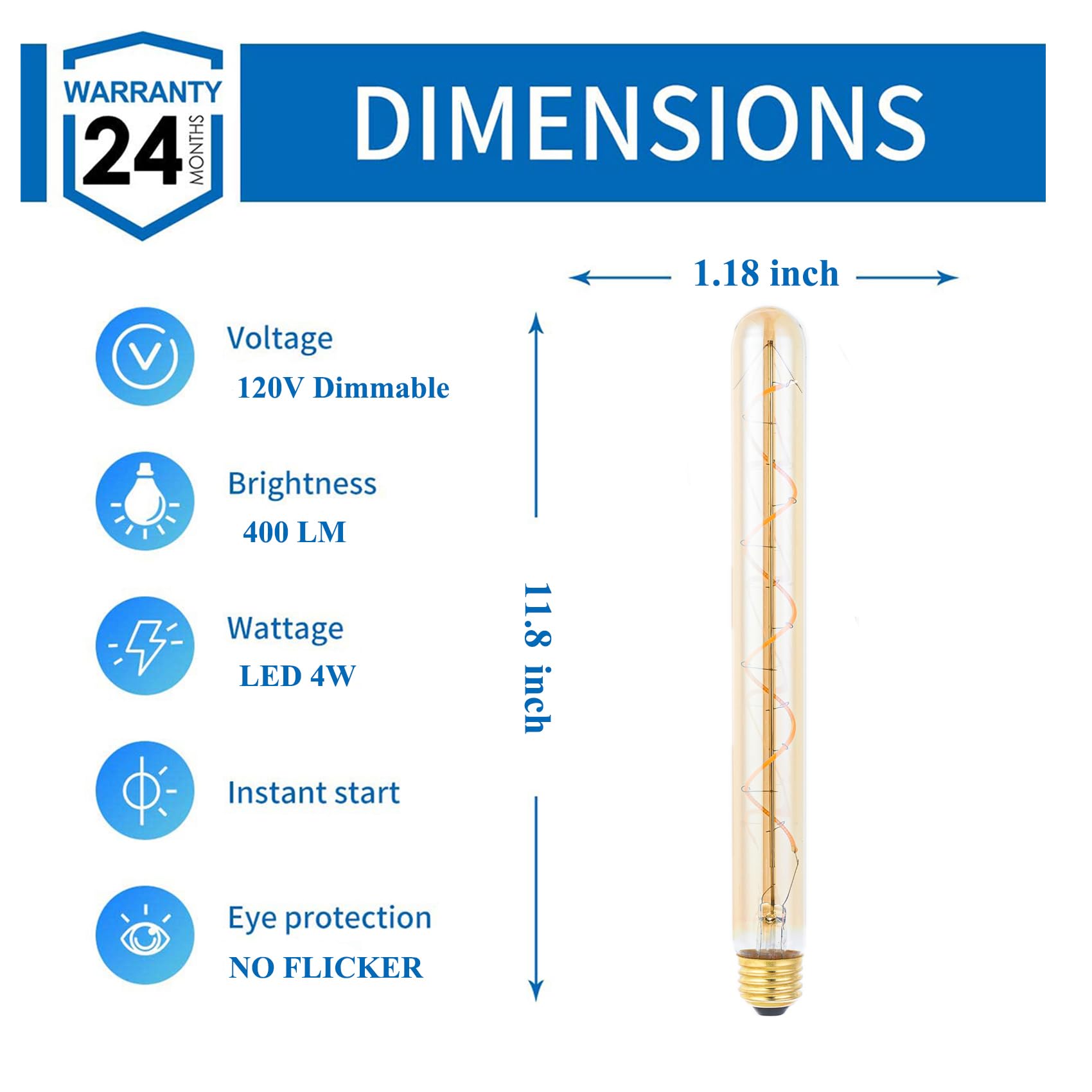 T300 T10 Long Tubular Light Bulb 40 Watt Equivalent E26 Base Amber Vintage Edison Bulb 4W Dimmable Tubular — view 2