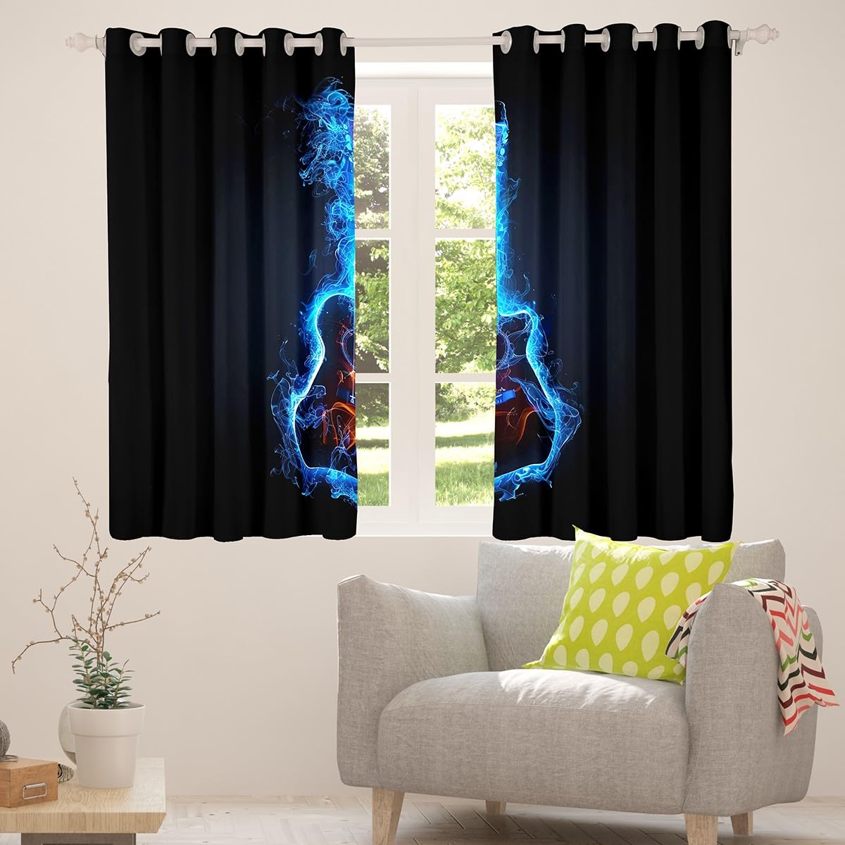 Tende moderne a forma di chitarra musicale, decorazione per la stanza dei bambini, adulti e adolescenti, stile hip hop, musica rock, per ragazzi e ragazze, tende per finestre luminose blu