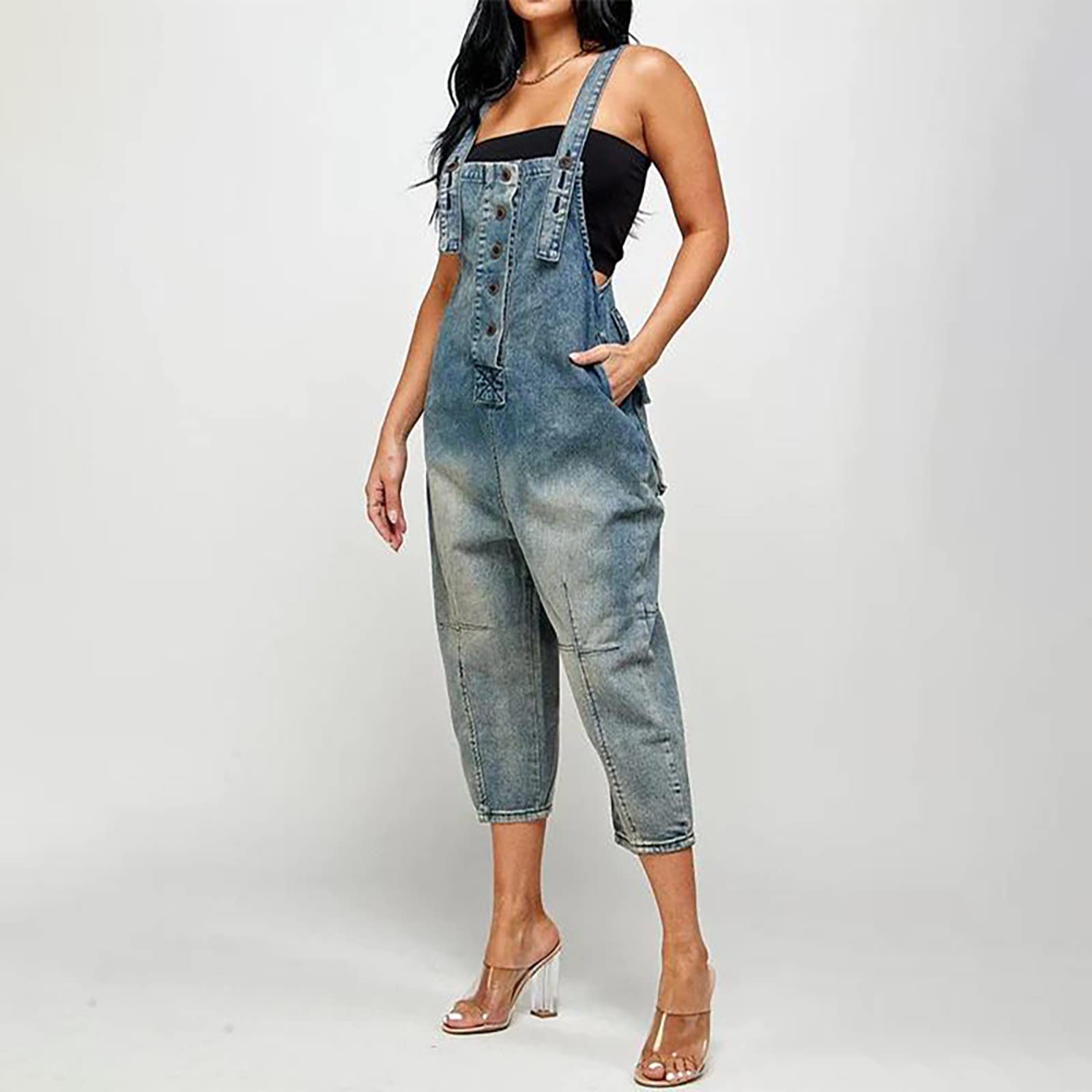 Pantalones vaqueros con peto para mujer, 7/8, pantalones de trabajo, vintage, vaquero, holgado, informal | Bib Pants Distressed Pantalones de mezclilla, Babero de Moda Trajes sin Mangas Jean Mono Para Verano, Diario, Trabajo