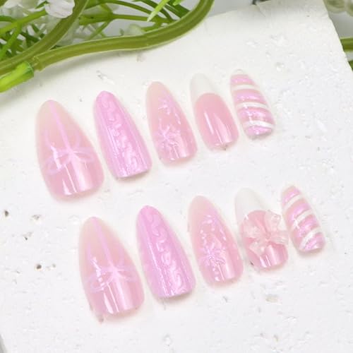 Miniatura 43 de Uñas postizas medianas a presión con lazos 3D, diseño de diamantes de imitación, punta francesa, pegamento brillante en las uñas acrílicas blancas