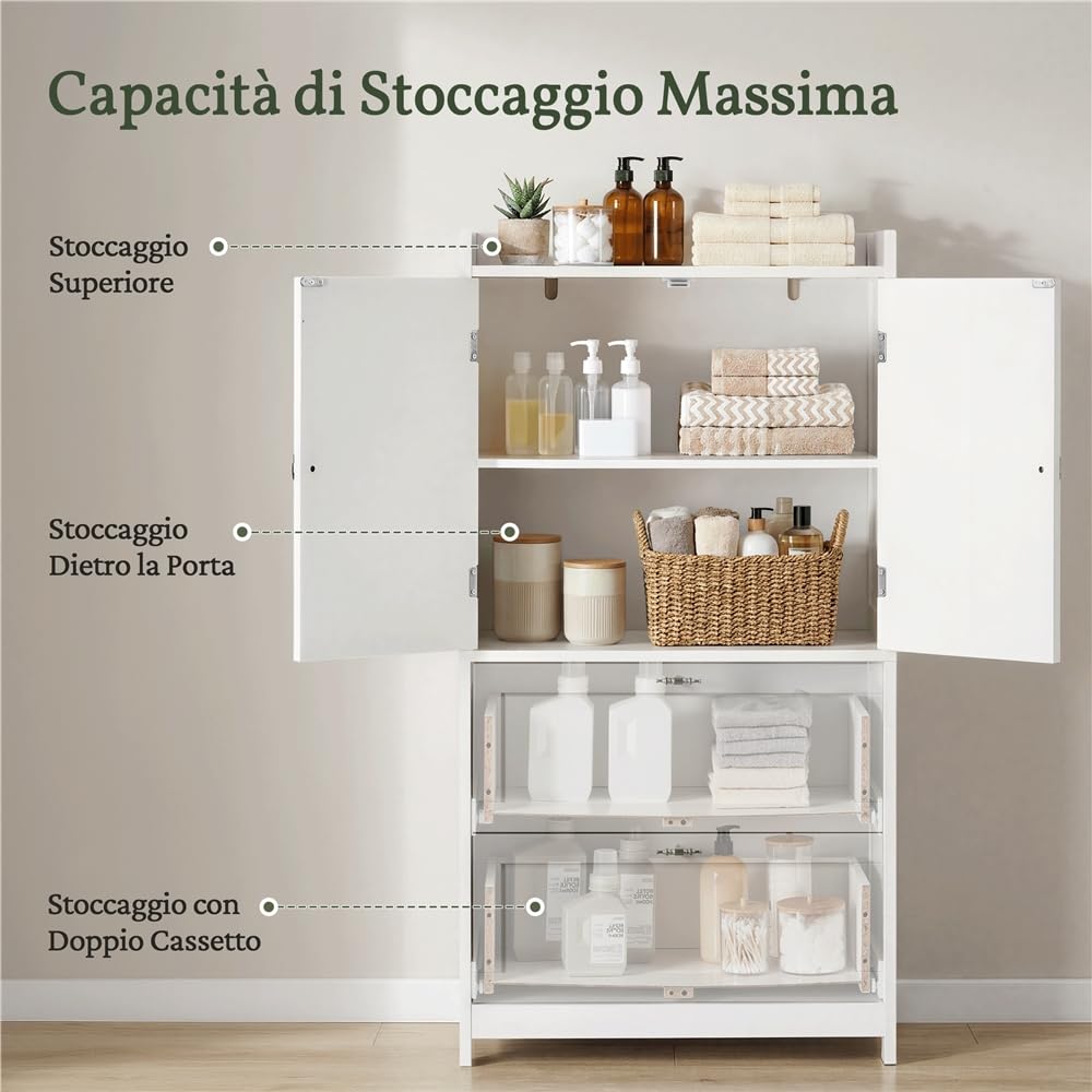 Yaheetech Mobile da Bagno Armadietto Autoportante in Legno Due Ante e Due Cassetti Ripiani Regolabili Mobiletto Bagno Multiuso per Soggiorno Salotto Cucina Sala da Pranzo 60x30x115 cm Bianco