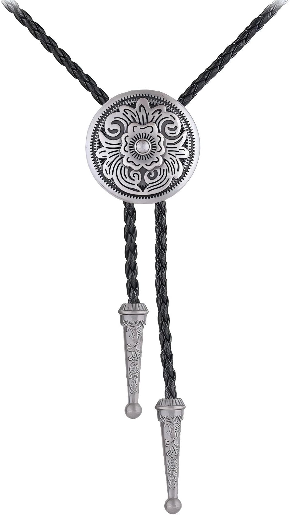 Native American Bolo Tie Rodeo Cowboy Leather Necktie Western Necklace Costume Accessories for Men,Women, Flower Bolo Tie-silver, 42.5 inches