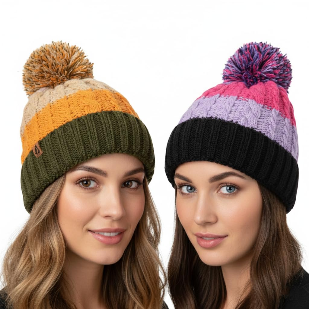 A2z Women's 2 Pack Multi Stripe Bobble Faux Fur Sherpa Lined Pom Pom Beanie Hats - Lightweight, Stretchy, Soft Feel Winter Warm Cozy Caps - Comfortable Winters Hats