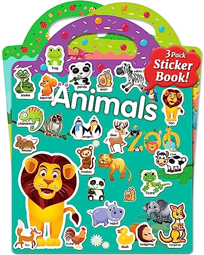 Benresive Reusable Sticker Books for Kids 2-4, 3 Sets Sticker Books for Toddlers 1-3, Toddler Sticker Book Age 2-4, 94 Pcs Cute Waterproof Stickers for Teens Girls Boys, Birthday Gifts for Age 2 and Up - Animals, Dinosaurs and Insects