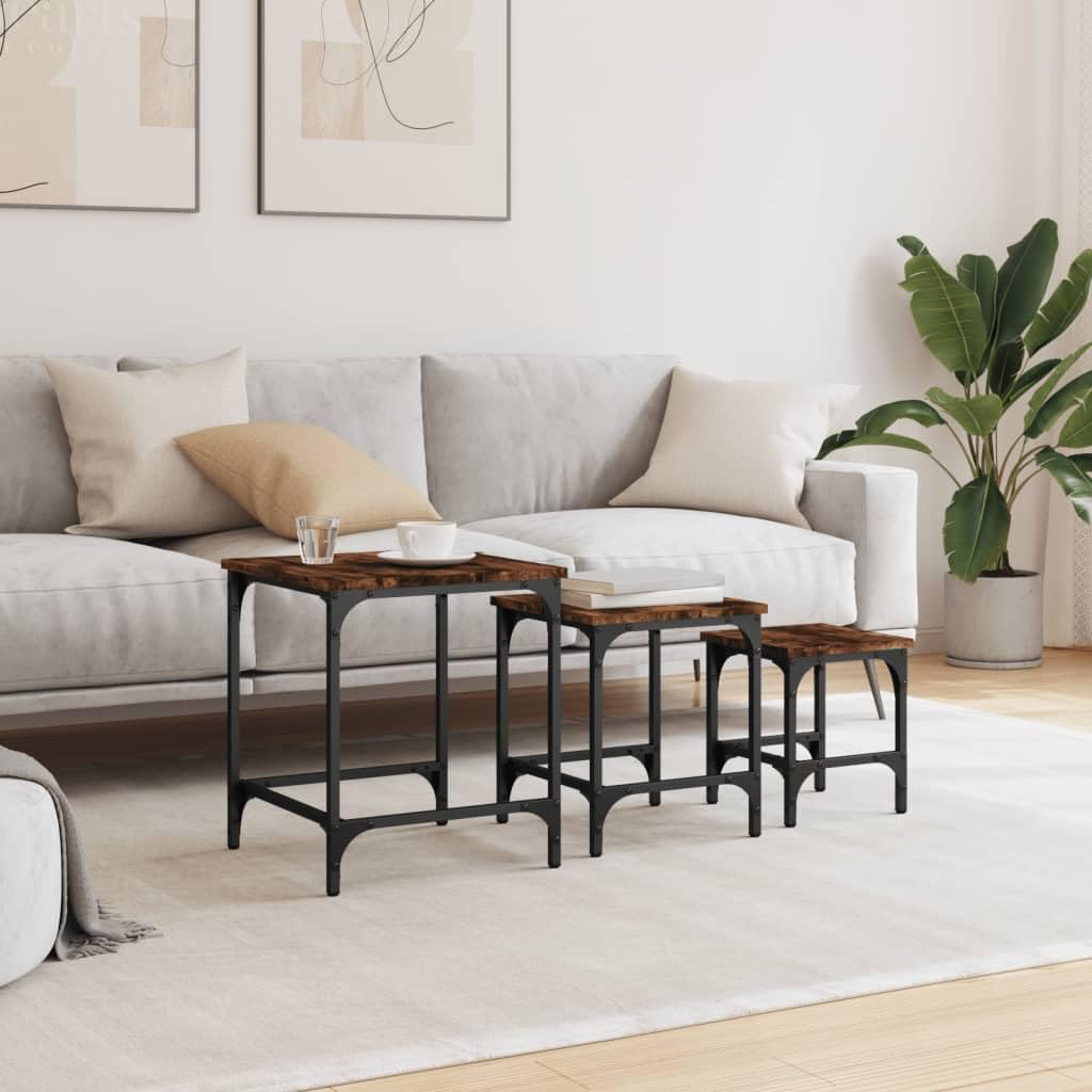 Mesa de reunión, 3 piezas, material de madera ahumada, juego de mesa de café de diseño industrial, mesas auxiliares estables para sala de estar, dormitorio, oficina, ahorro de espacio