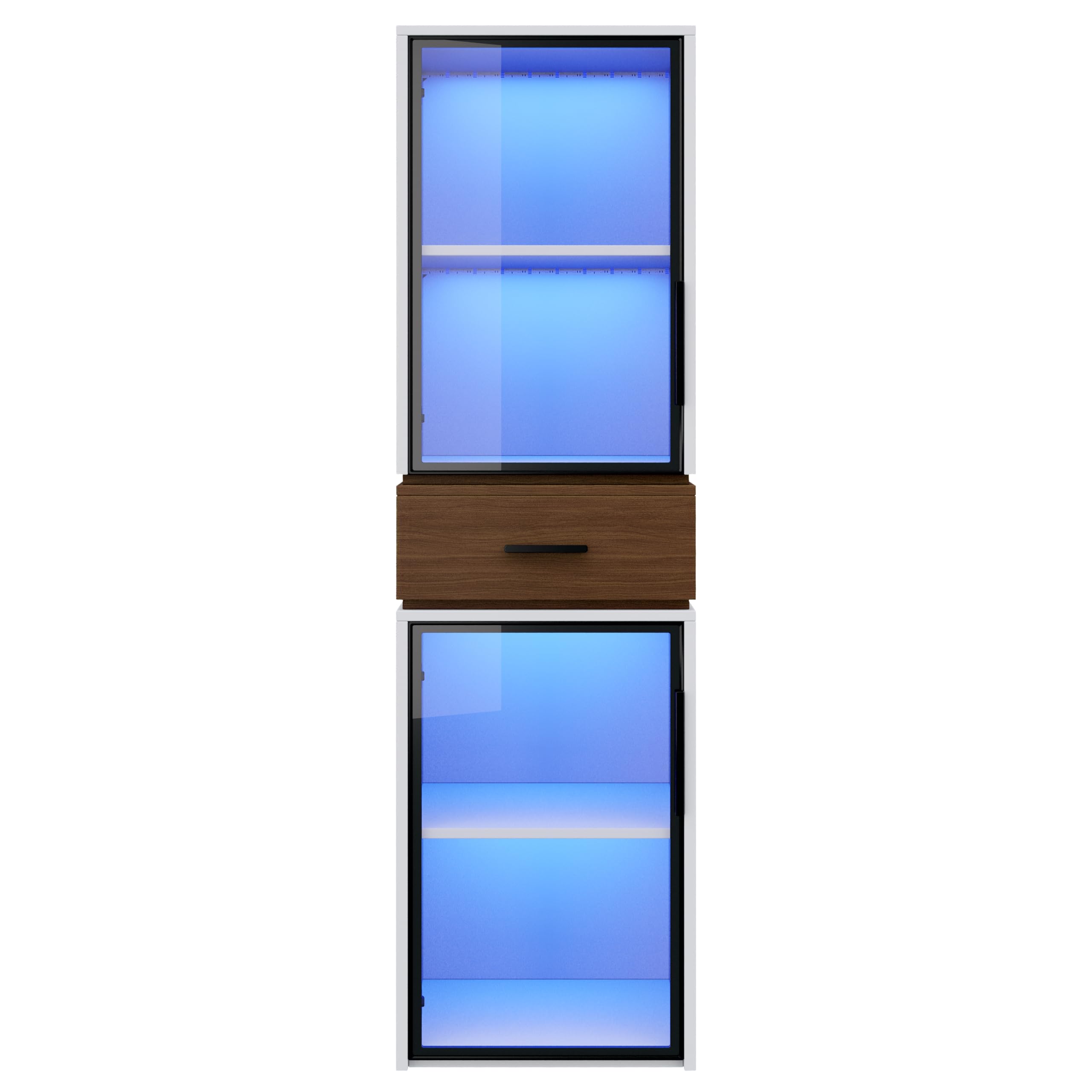 Vitrina Expositora de Cristal con Iluminación LED y 1 Cajón, Vitrina Salon con 2 Puertas de Cristal, Vitrinas Expositoras para Estudio Salón y Comedor, Muebles de Salon, 40x40x200 cm, Blanco