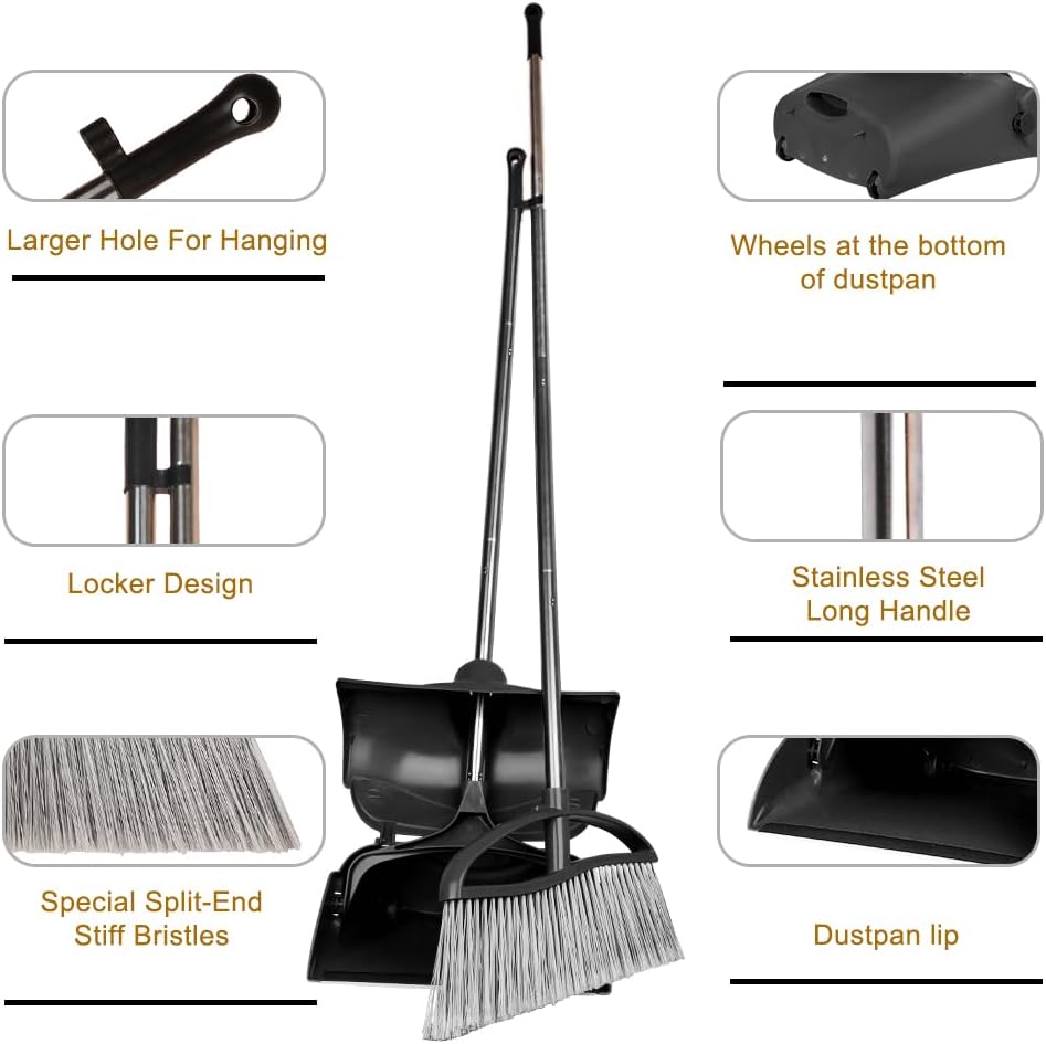 Long Handle Heavy Duty Broom and Dustpan Set, Outdoor and Commercial Upright Dustpan and Brush for Restaurant Garage Garden Yard Office,Black - Image 7