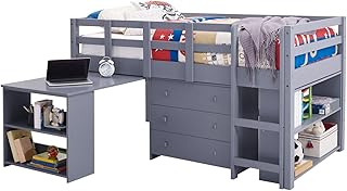 Naomi Home Low Loft Bed Twin Loft Bed with Desk and Storage Kids Beds for Boy Solid Pine Wood Toddler Loft Bed with Storage, Ladder Storage Guard Rails, No Box Spring Needed, Loft Bed Gray