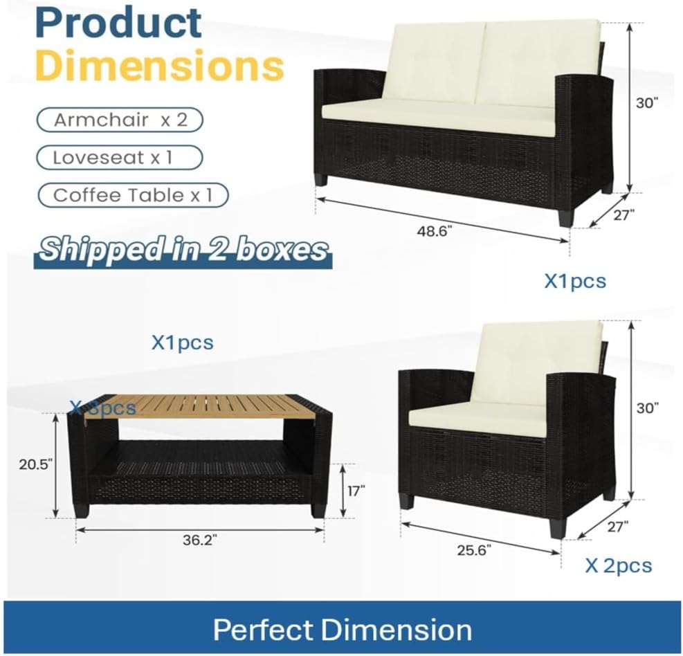 Outdoor Wicker Patio Conversation Set with Cushions and Wood Table for Backyard Living